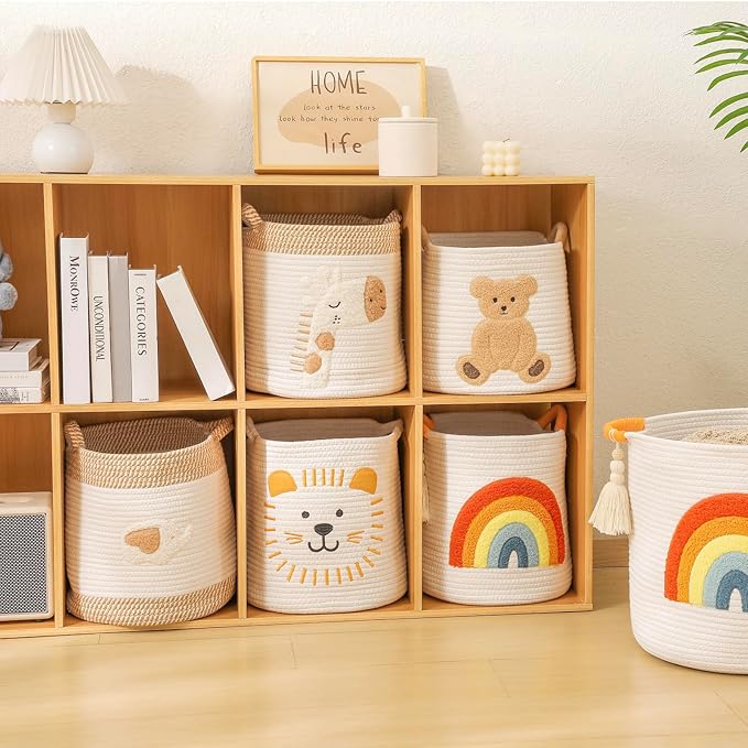 INough Toy Storage Baskets Woven Cotton Rope Storage Basket Kids Blanket Baskets for Living Room, Toys Organizer with Embroidery Colorful Rainbow Decor, Baby Basket for Laundry Nursery (Boho Rainbow)-BubblyBeeBaby