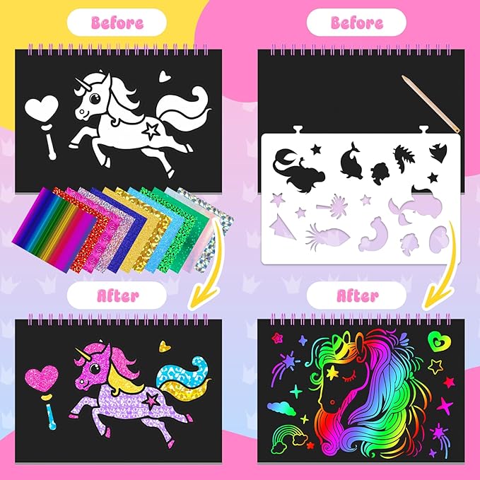 homicozy Art & Craft Activity for Kids: Foil Fun Unicorns and Princess & Scratch Art Book 2-in-1,No Mess Art Crafts for Girls,DIY Creative Activity Kit,Gifts for Girls Ages 4,5,6,7,8,9, Travel Toys-BubblyBeeBaby