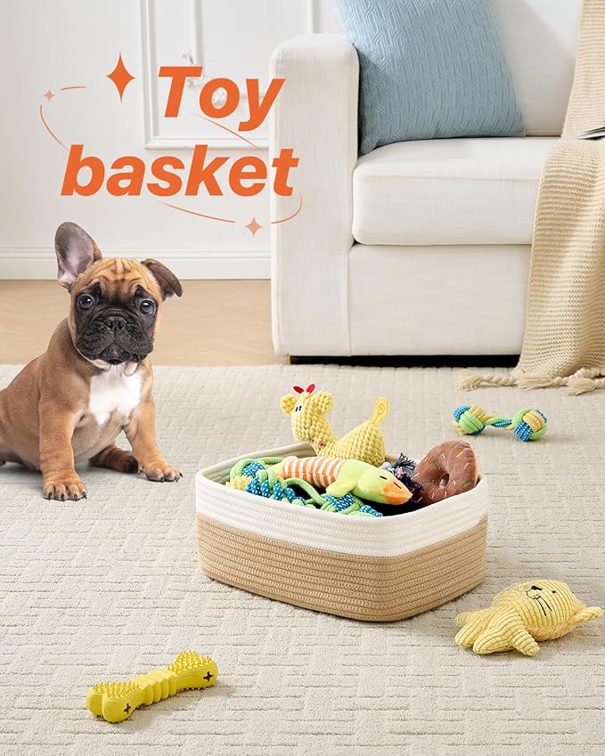 KALLAX Small Woven Basket, 13.5 x 9.5 x 5 Inches, Storage Basket for Organizing, Cute Small Rope Shelf Closet Cube Storage Bins Baskets for Shelves, Dog Toy Gift Baskets Empty, 3 Pack White & Brown-BubblyBeeBaby