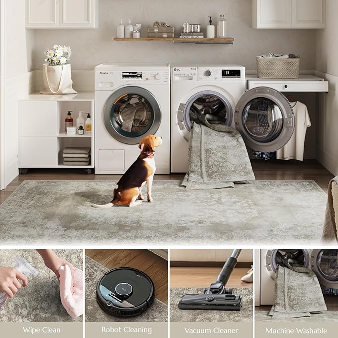 jinchan Washable Area Rug 6x9 for Living Room - Soft Faux Wool Ultra-Thin Stain Resistant Non-Slip Distressed Vintage Floral Large Carpet for Bedroom,Dining Room,Home Office,Nursery(Brown, 6'x9')-BubblyBeeBaby