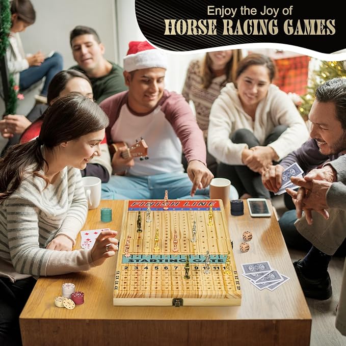 21 Inches Horse Racing Game, Horse Race Board Games with 11 Luxury Metal Horses,Thickened Wood Chessboard,Chips,Cards and Dice,Classic Wooden Table Top Board Games for Adults and Family-BubblyBeeBaby
