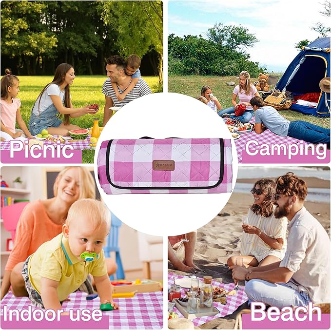 HX&OD Outdoor Picnic Blanket, Extra Large, 80''x80'' Waterproof Foldable Blankets Gingham Picnic Mat for Beach, Camping Grass Lawn Park Accessories Cute Couple Ideas Wedding (Pink, 80”x80”)-BubblyBeeBaby