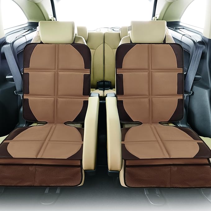 Car Seat Protector, 2 Pack Baby CarSeat Covers with Mesh Pockets & Non-Slip Backing 600D Durable Seat Protectors Under Car Seat for Baby (Black & Brown, Large)-BubblyBeeBaby