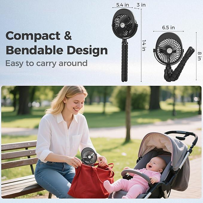 2025 Upgarded 4000mAh Misting Baby Stroller Fan, Rechargeable Battery Operated,Max 15Hrs Cooling,50ml Portable Water Sprayer Misting Fan with Flexible Tripod Clip on Car Seat Crib Treadmill Bunk Bed-BubblyBeeBaby