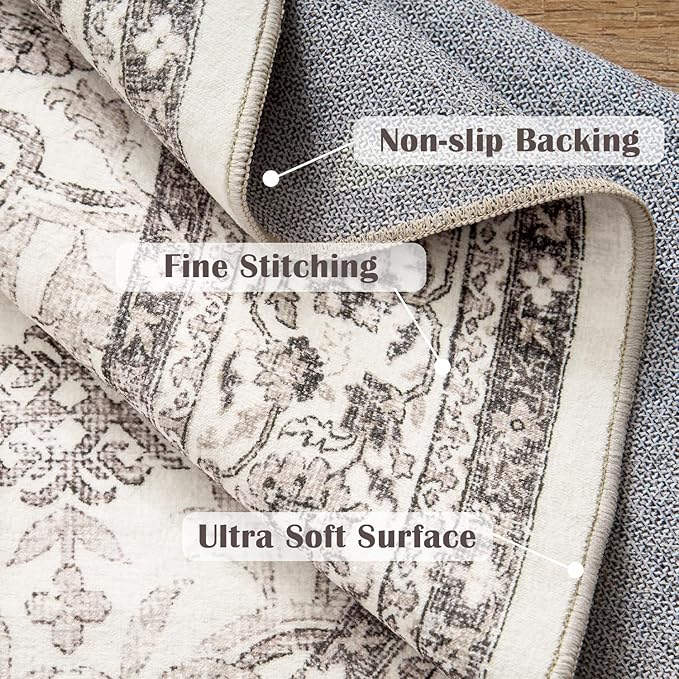 jinchan Round Rug 5ft Washable Circle Soft Rug - Low Pile Vintage 5'Round Indoor Beige Floral Print Stain Resistant Boho Carpet Ultra-Thin Non-Slip for Entryway Nursery Bedroom Dining Room Kitchen-BubblyBeeBaby