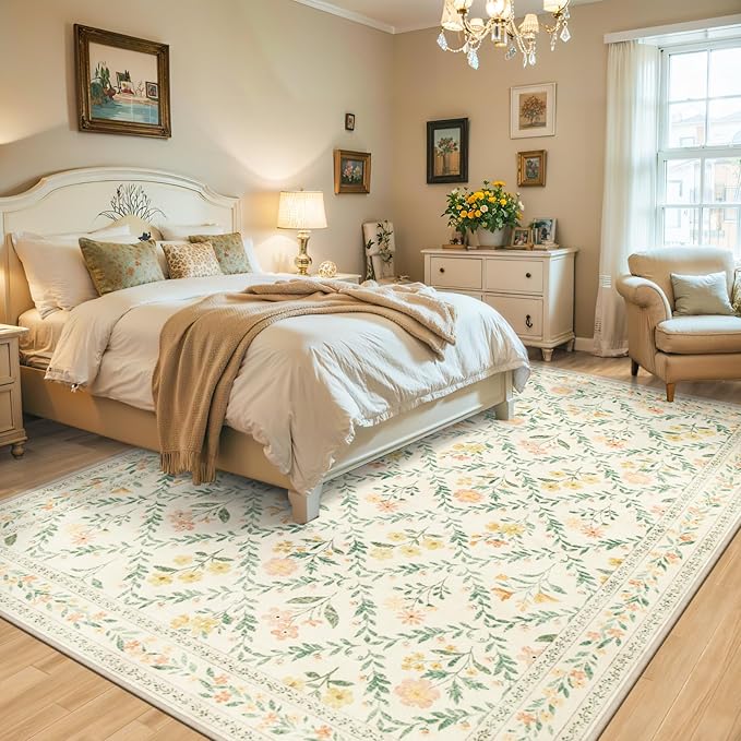 10x14 Area Rugs for Living Room: Floral Washable Rug Vintage Large Soft Boho Non-Slip Carpet Stain Resistant Low Pile Carpets for Bedroom Dining Room Farmhouse Nursery Hallway Home Office Beige/Multi-BubblyBeeBaby