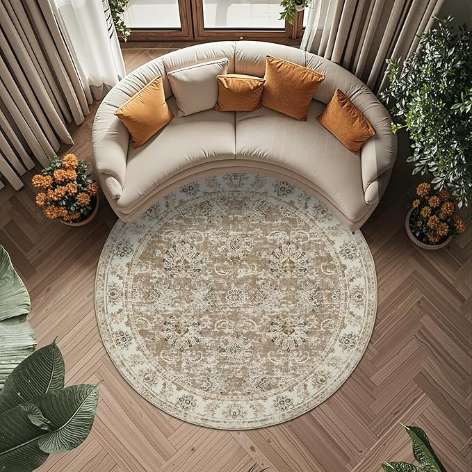 jinchan Round Rug 6ft Area Rug - Taupe Vintage Floor Mat Kitchen Indoor Ultra-Thin Soft Floral Print - Washable Circle 6' Retro Accent for Farmhouse Non Slip Dining Room Living Room Bedroom Office-BubblyBeeBaby