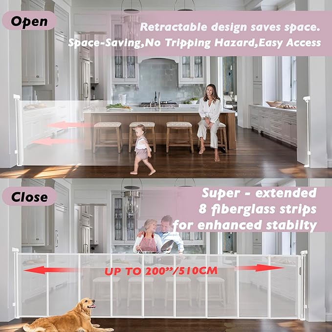 200" Retractable Baby Gates Extra Wide for Large Opening, 41" Extra Tall Retractable Dog Gate Pet Gates, Long Child Safety Mesh Gate with Fiberglass Rods for Stairs, Doorways, Hallways, Indoor/Outdoor-BubblyBeeBaby