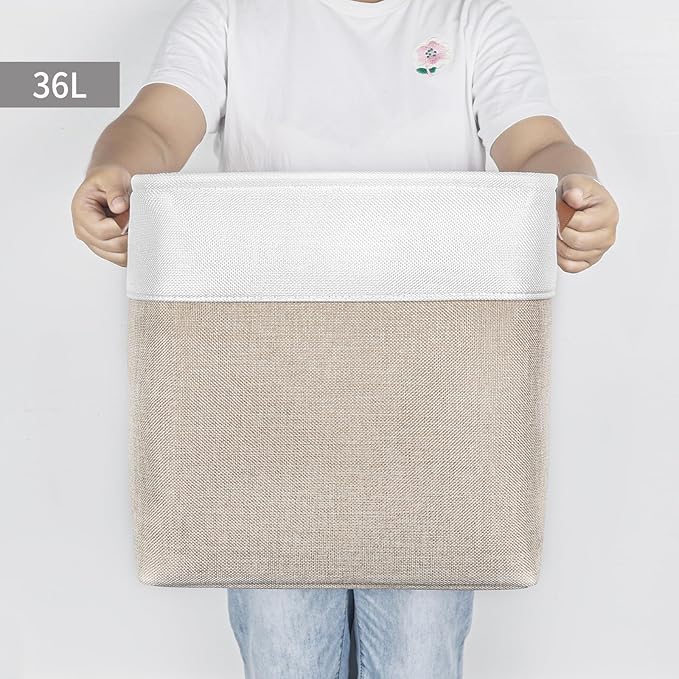 13x13 Cube Storage Bins, Collapsible Fabric Storage Box, 4 Pack Closet Baskets with Handles for Organizing, Shelf, Toys, Clothes, Home, Office, Nursery (Beige&White)-BubblyBeeBaby