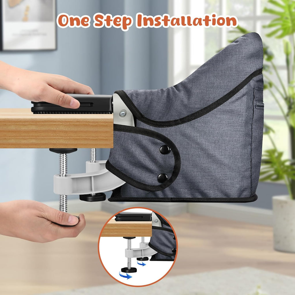 Hook On High Chair, Jozzve Clip on High Chair with Removable Dining Tray for Babies and Toddlers, Fold-Flat Storage Portable Baby Feeding Seat, Attach to Fast Table Chair for Home Travel (Grey)