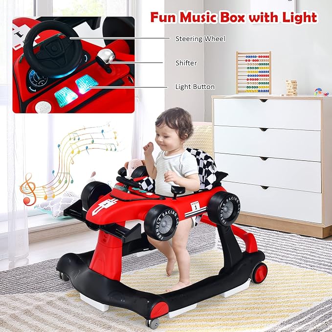 HONEY JOY 4-in-1 Baby Walker, Activity Push Walker w/3 Adjustable Heights, Smooth Wheels w/Adjustable Speed, Padded Seat, Music & Light, Foldable Car Walker for Baby Boys Girls Age 6 Months+ (Red)-BubblyBeeBaby