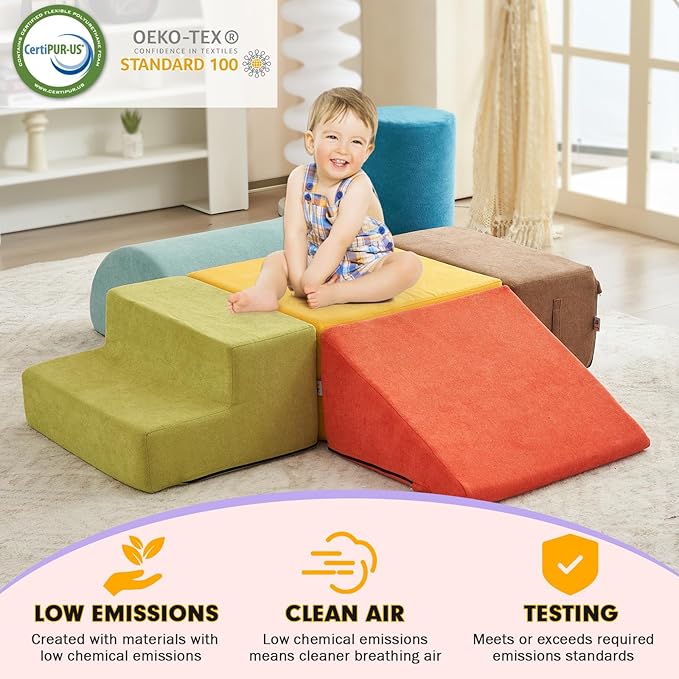 jela Foam Blocks 6Pcs Soft Play Equipment Luxury Miss Fabric, Toddler Climbing Toys Indoor Soft Play Climbing for Toddlers, Lightweight Climbing Blocks for Babies, Kids, Climb and Crawl Foam Playset-BubblyBeeBaby