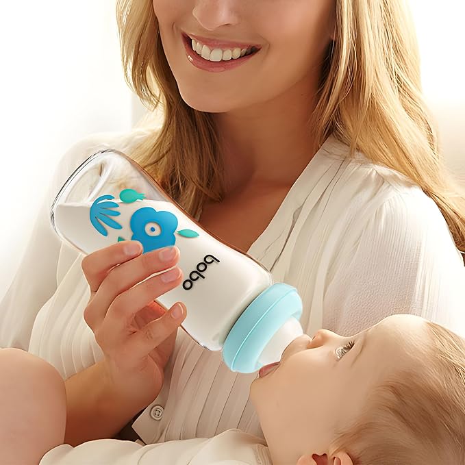 YOHKOH Natural Glass Baby Bottle with Natural Response Nipple, Newborn Anti-Colic Baby Bottles, Wide Neck Mushroom Cap Baby Bottle, Clear (Blue, (8.8oz (Pack of 4))-BubblyBeeBaby