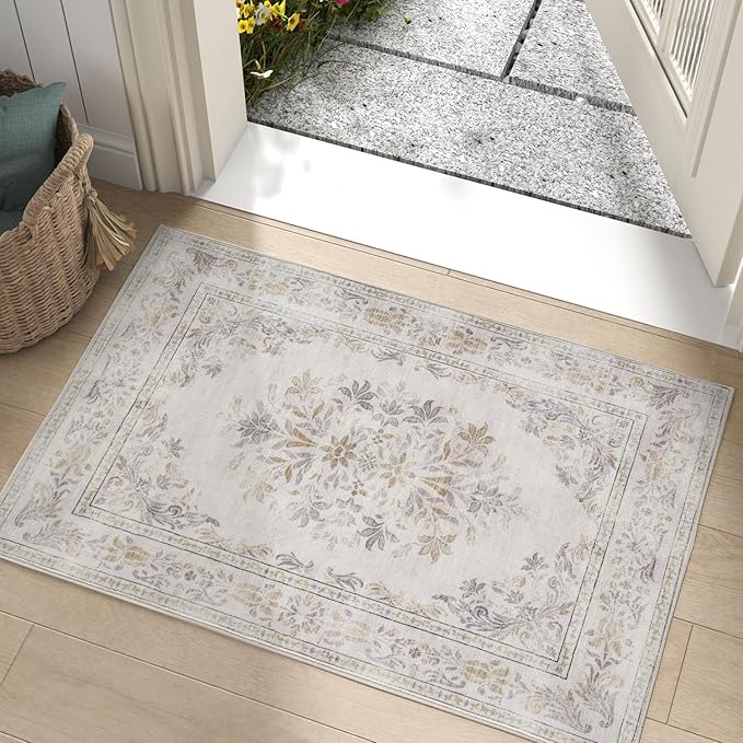 jinchan Floral 2x3 Rug for Entryway - Vintage Washable Area Rug Ultra-Thin Low Pile Soft Small Non Slip Distressed Indoor Door mat Accent for Entrance Kitchen Bedroom Bathroom (2x3ft,Light Grey)-BubblyBeeBaby