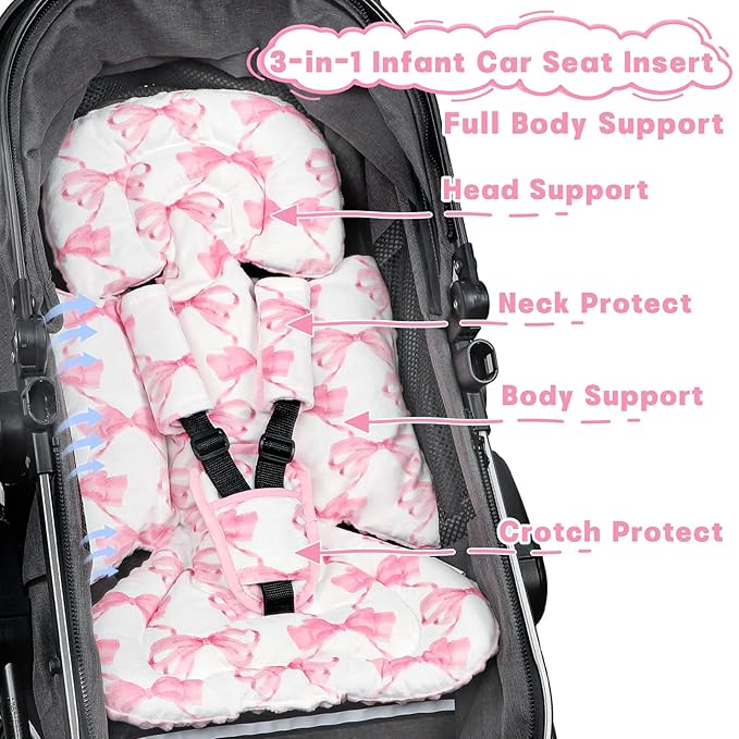 Infant Car Seat Insert, Soft Baby Car Seat Head & Body Support for Girl Boy, Reversible Newborn Preemie Carseat Insert Cushion with 3 Straps Pads, Fits Car Seat, Stroller, Swing, Bouncer, Pink Bow-BubblyBeeBaby