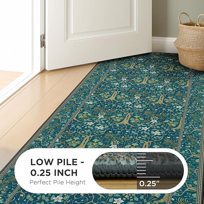 Joydeco Washable Area Rugs 5x7, Boho Floral Dining Room Rug Non Slip, Soft Low-Pile Botanical Forest Indoor Floor Throw Carpet for Living Home Office Playroom Foyer, Dark Blue-BubblyBeeBaby