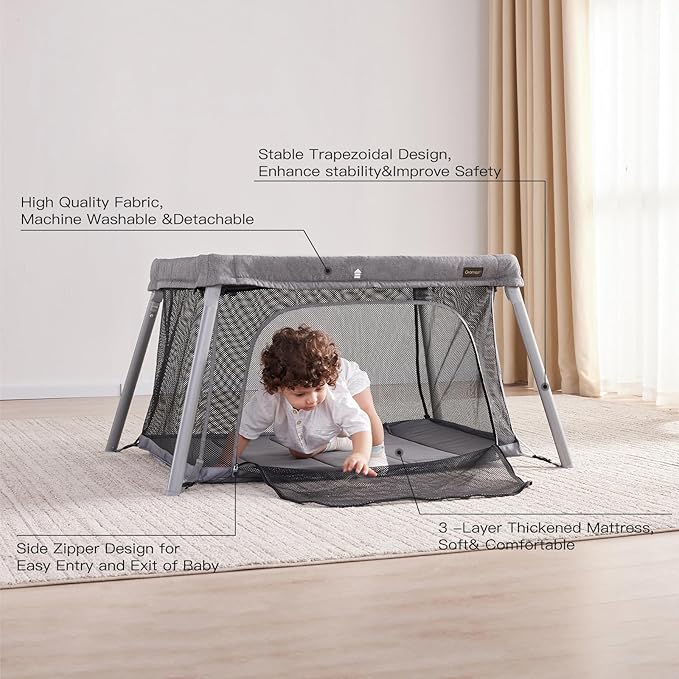 2 in 1 Portable Travel Crib for Toddler, Foldable Crib for Baby, Lightweight Playpen Collapsible Playard with Soft Mattress, Easy to Carry Baby Travel Bed for Outdoor, Indoor (Grey)-BubblyBeeBaby