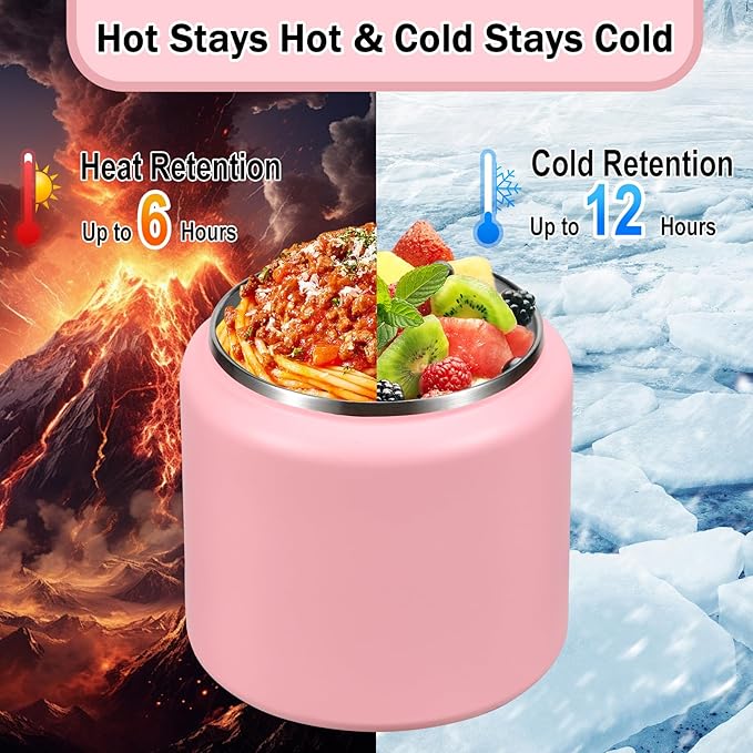 26oz Kids Thermos for Hot Food, Insulated Vacuum Food Jar with Buckle Lid, Stainless Steel Wide Mouth Leak Proof Insulated Lunch Container for School Picnic Travel, Pink-BubblyBeeBaby