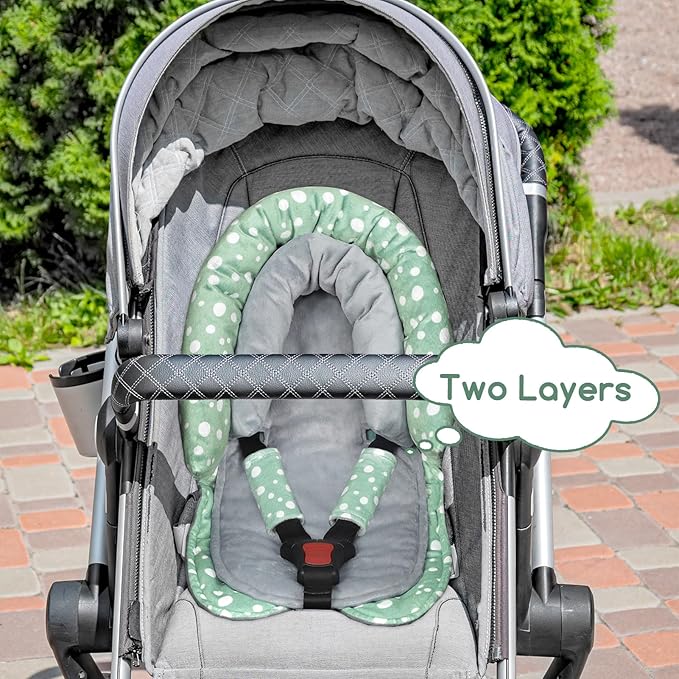 Baby Car Seat Head Support for Newborn, GFU 2 in 1 Infant Car Seat Head Body Support with Strap Pads, Soft Stroller Cushion Pillow Insert for Girls and Boys, Fits for Stroller, Swing, Green-BubblyBeeBaby