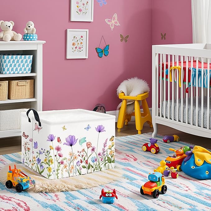 HIYAGON Rectangular Baby Girl Basket Kids Baby Storage Basket Toy Storage Bin Organizer Box Room Decor(Purple Flower)-BubblyBeeBaby