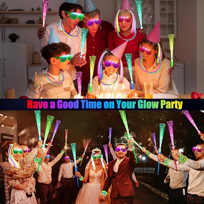 148 PCS Glow in the Dark Party Supplies, 16 Fiber Optic Wands, 14 LED Glasses, 100 Glow Sticks and 18 LED Hair Clips Fiber Optic for Neon Party, Wedding, Birthday, Concert, New Year-BubblyBeeBaby