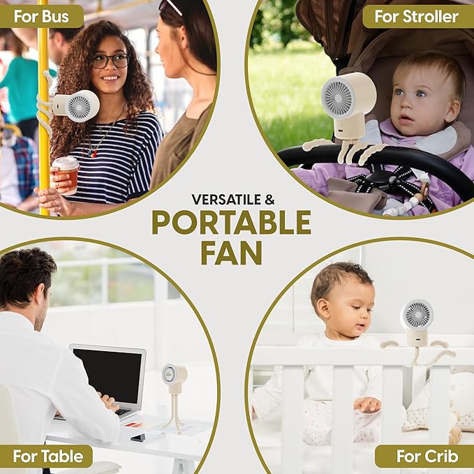 Portable Mini Travel Stroller Fan - Battery Operated, Clip On, Small, Handheld, Rotating, Rechargeable, Personal Fan with Flexible Tripod, 3 Speeds for Baby Crib, Bed Car, Seat Treadmill-BubblyBeeBaby
