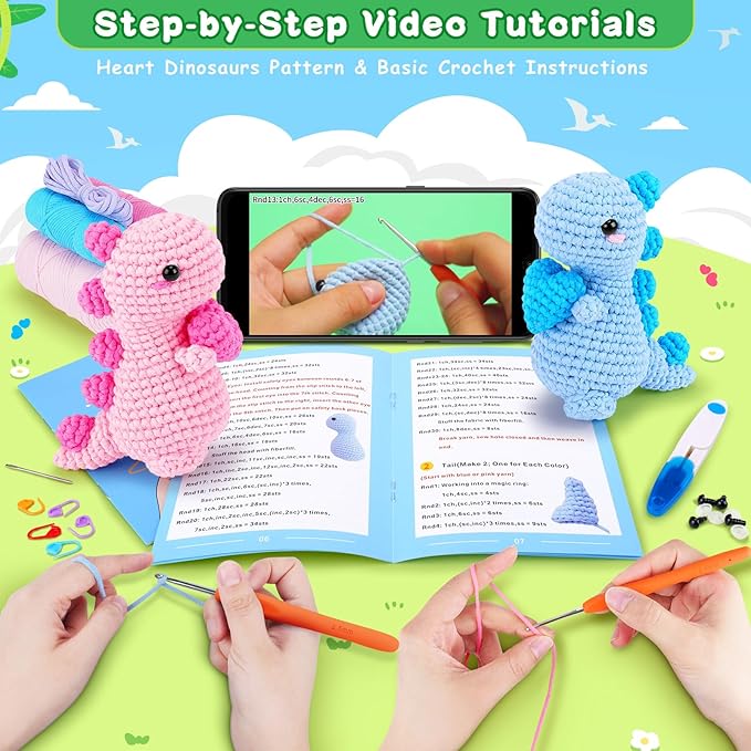 Heart Dinosaurs Crochet Kit for Beginners - 2PCS Blue and Pink Dinosaurs Crochet Kit with Step-by-Step Video Tutorials, Dinosaur Crochet Starter Kit for Adult Kid, Crochet Stuffed Animal Knitting Kit-BubblyBeeBaby