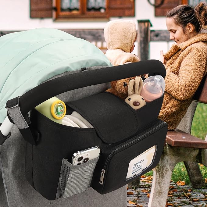 Accmor Universal Stroller Organizer with Insulated Cup Holder, Stroller Caddy Bag Accessories, Stroller Cup Holder Organizer for Uppababy Baby Jogger Britax Stroller, Black-BubblyBeeBaby
