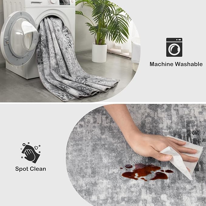 Kelarea Living Room Rug 8x10 Grey Rug Machine Washable Large Area Rugs, Non Slip Abstract Vintage Indoor Carpet for Bedroom, Nursery, Classroom, Dining Room, Home Office-BubblyBeeBaby