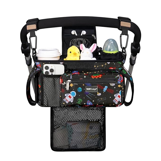 TOPDesign Universal Baby Stroller Organizer, Stroller Caddy with Detachable Mesh Bag & Heightened Insulated Cup Holders & Non-Slip Secure Hooks Accessories, Fits Most Strollers (Space Exploration)-BubblyBeeBaby