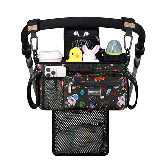 TOPDesign Universal Baby Stroller Organizer, Stroller Caddy with Detachable Mesh Bag & Heightened Insulated Cup Holders & Non-Slip Secure Hooks Accessories, Fits Most Strollers (Space Exploration)-BubblyBeeBaby