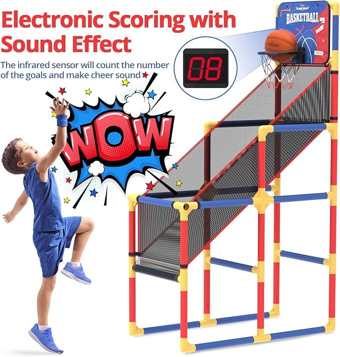 Kids Arcade Basketball Game with Electronic Scoreboard and Cheer Sounds, Indoor Outdoor Basketball Hoop with 4 Balls, Game Toy Gift for Ages 3-12 Boys and Girls-BubblyBeeBaby