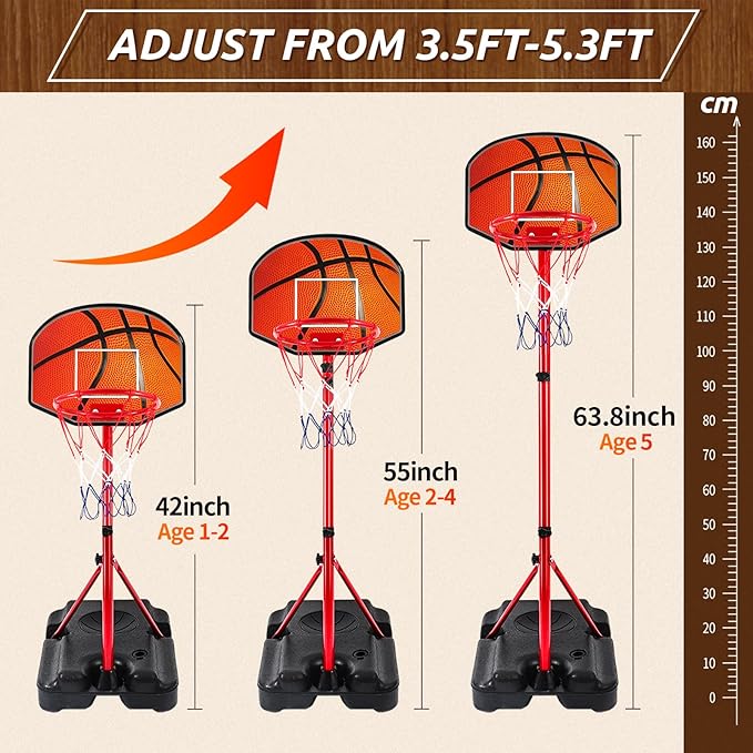 Kids Basketball Hoop for 1 2 3 4 5 6 Year Old Stand Adjustable Height 3.5ft-5.3ft Toddler Boy Basketball Hoop Indoor Mini Basketball Hoops Goal Ball Games Toys for Girl Boy Age 1-3 2-4 3-5-BubblyBeeBaby