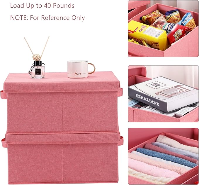 HOONEX Linen Foldable Storage Bins with Lids, 2 Pack, Storage Boxes with Carrying Handles and Sturdy Heavy Cardboard, 16.5" L x 11.8" W x 7.5" H for Shoes, Books, Clothes, Nursery, Pink-BubblyBeeBaby