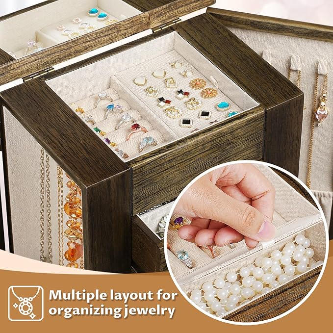 Jewelry Box for Women, 5 Layer Large Wood Jewelry Boxes & Organizers for Necklaces Earrings Rings Bracelets, Rustic Jewelry Organizer Box with Drawers and Mirror(Vintage)-BubblyBeeBaby