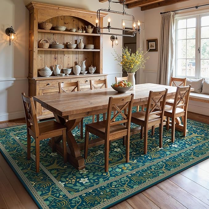 Joydeco Washable Large Area Rug 8x10, Boho Floral Rugs for Living Room Non Slip, Soft Low-Pile Botanical Forest Indoor Floor Throw Carpet for Dining Home Office Playroom, Dark Blue-BubblyBeeBaby