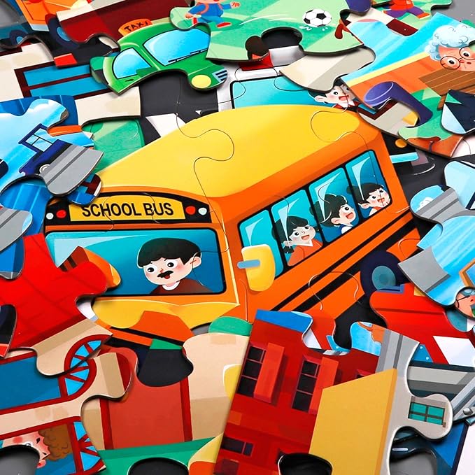 Jumbo Floor Puzzle for Kids,City Transportation Jigsaw Large Puzzles,48 Piece City Life Vehicle Puzzle for Toddler Ages 3-5,Children Learning Preschool Educational Toys,Gift for 4-8 Years Old-BubblyBeeBaby