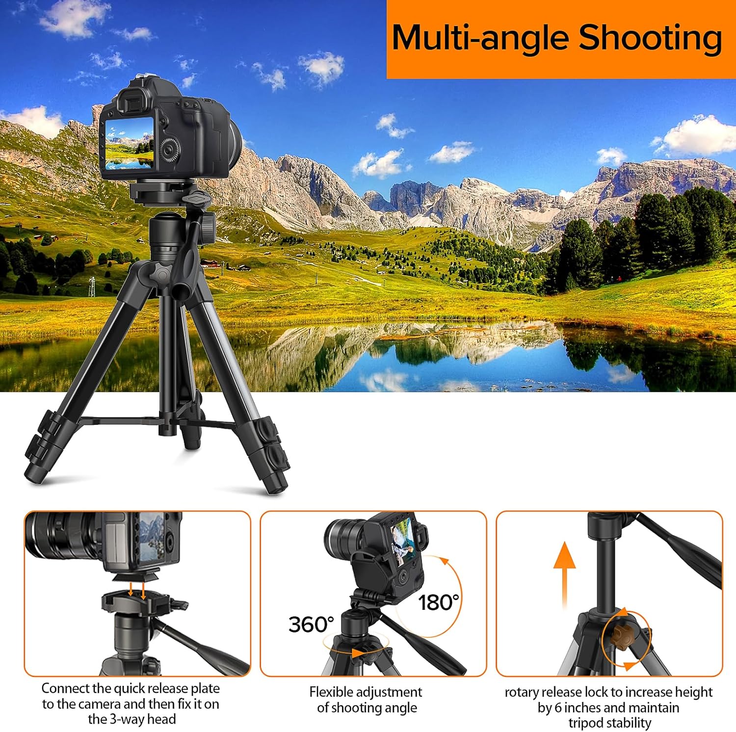 Camera Tripod 66.7 Inch, Patented 3-Way Rotating Portable Cameras Stand Professional Aluminum Travel Phone Camera Mount Monopod for Camera, Smartphone, Suitable for Various Live Vlogging