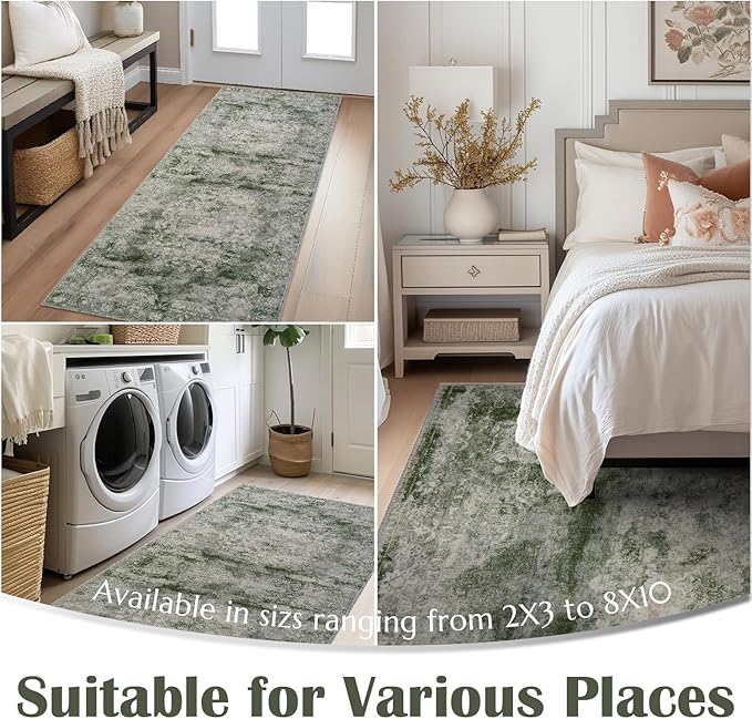 jinchan Green Runner Rug 2x6 - Vintage Floral Machine Washable Distressed Design Non-Slip Low-Pile Soft Thin Carpet for Hallway Kitchen Farmhouse Bedroom Entryway Laundry Room (2x6ft,Forest Green)-BubblyBeeBaby