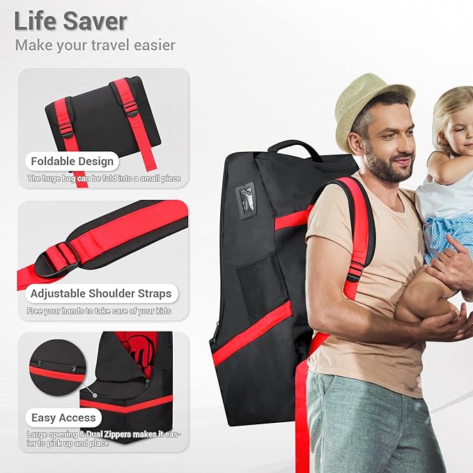 Car Seat Travel Bag - Padded, Comfortable, Durable, Roomy Gate Check Carseat Cover Backpack Fits 3-in-1，Convertible, Booster & Infant Car Seats for Airplane, Airport, Red-BubblyBeeBaby