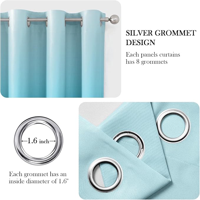 HOMEIDEAS Turquoise Ombre Blackout Curtains 52 X 63 Inch Length Gradient Room Darkening Thermal Insulated Energy Saving Grommet 2 Panels Window Drapes for Living Room, Bedroom-BubblyBeeBaby