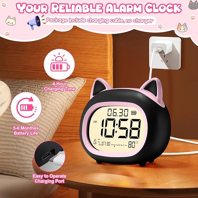 Kids Alarm Clock with Night Light for Kids, Small Digital Alarm Clocks for Bedrooms, Routine Builder, Cute Cat Alarm Clock with Sleep Training, Snooze, 12/24H, Date & Day, Temperature, USB Port-BubblyBeeBaby