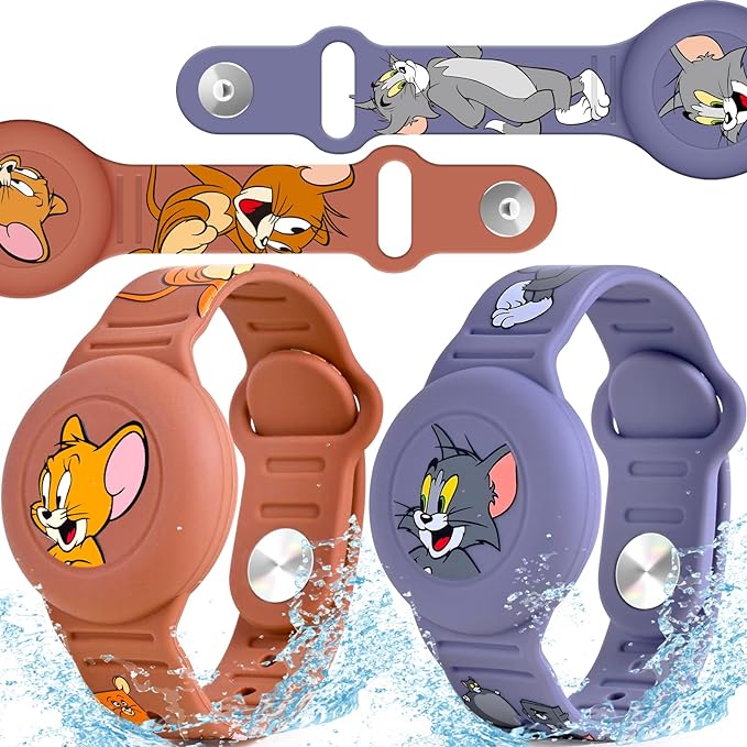 2 Pack AirTag Bracelet for Kids, Waterproof Cute Cartoon Air tag Holder for Kids with Watch Band Design, Full Coverage Silicone Airtag Hidden Accessories for Child, Healthy Material Brown + Grey-BubblyBeeBaby