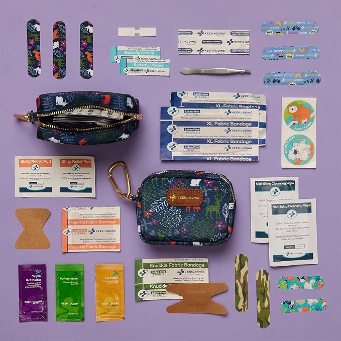 KeepGoing Small Travel First Aid Kit Kids – 60 Pc. Mini First Aid Kit for Purse, Diaper Bag, & Backpack with Latex-Free Bandages – 4 Oz., & 4.5 x 3.5 x 2 in, TSA-Approved-BubblyBeeBaby