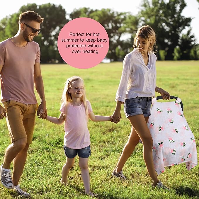 Rquite Car Seat Covers for Babies - 100% Muslin, Lightweight, Soft, Breathable Baby Carrier Cover - Summer Stroller Canopy (Pink Flower)-BubblyBeeBaby