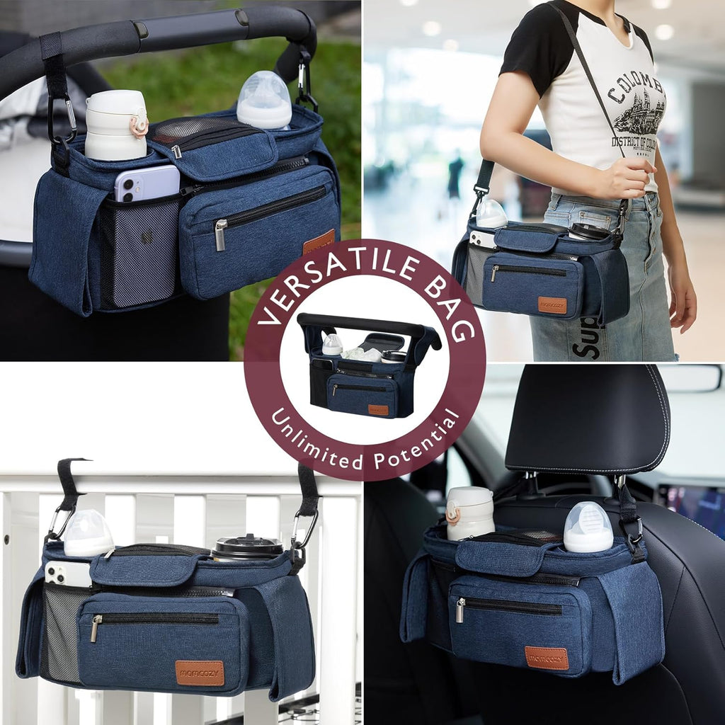 Momcozy Universal Baby Stroller Organizer, 2 Insulated Cup Holder, Detachable Zippered Pocket, Adjustable Shoulder Strap, Large capacity for baby essentials, Compact Design Fits Any Strollers