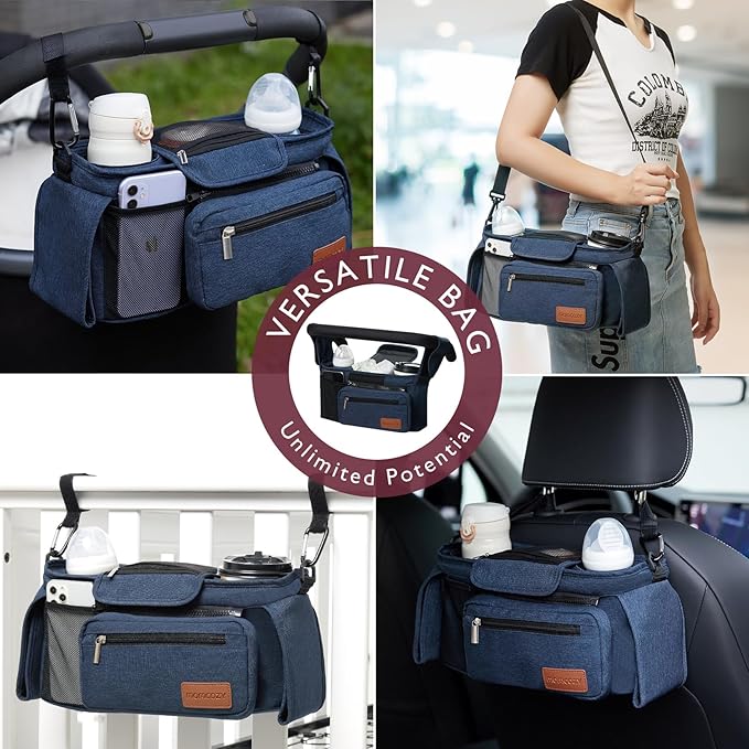 Momcozy Universal Stroller Organizer with Insulated Cup Holder Detachable Phone Bag & Shoulder Strap, Fits for Stroller like Uppababy, Baby Jogger, Britax, BOB, Umbrella and Pet Stroller-BubblyBeeBaby