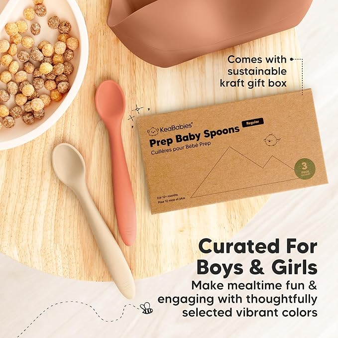 KeaBabies Silicone Baby Spoons, Self Feeding 6-12 months - 3-Pack Baby Weaning Eating Utensils, Toddler First Food Training Spoon, Infant, Kids Feeding Supplies Essential Set,Dishwasher-safe (Roseate)-BubblyBeeBaby