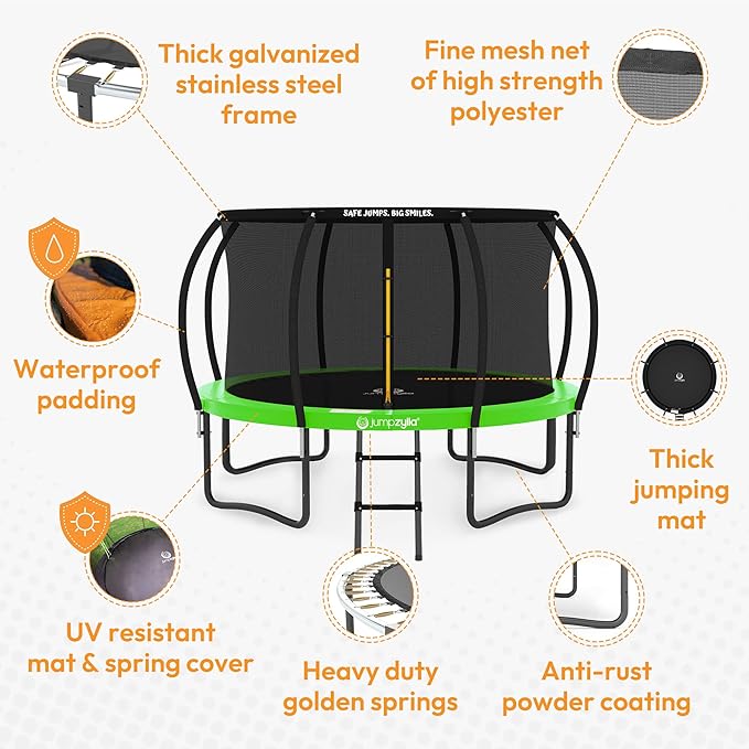 JUMPZYLLA Trampoline Outdoor 8FT 10FT 12FT 14FT 15FT 16FT with Enclosure and Ladder, ASTM Approved Recreational Trampoline for Kids and Adults, Anti-Rust Coated Frame-BubblyBeeBaby