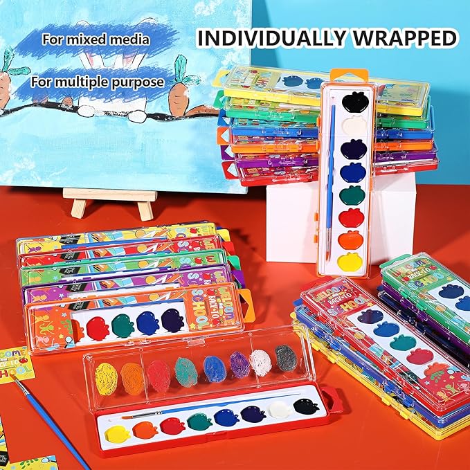 24 Pcs Apple Style Watercolor Painting Set for Kids 8 Washable Colors with Brush Watercolor Painting Set Gift Party Supplies Back to School Party Gift Exchange-BubblyBeeBaby